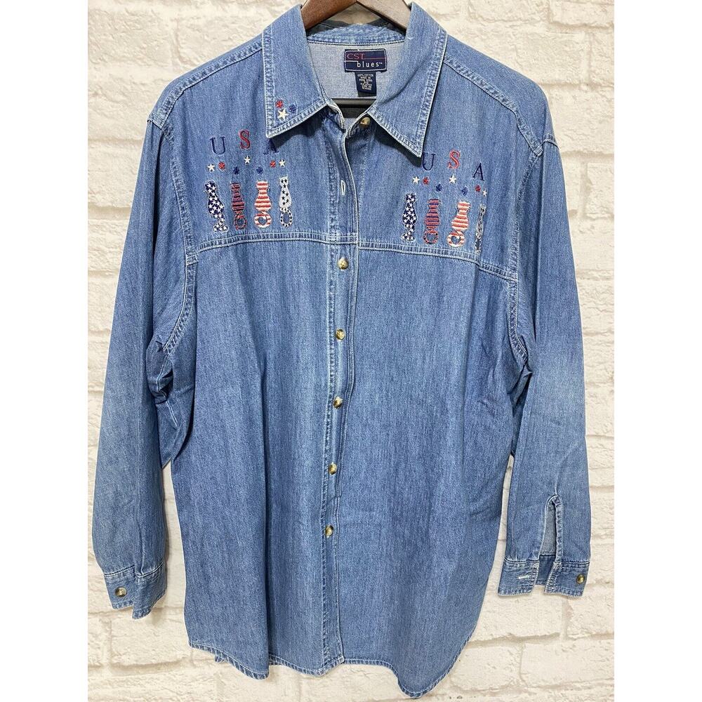 CST Blues Denim Shirt Womens Embroidered Patriotic Stars USA Cats Plus Size 20